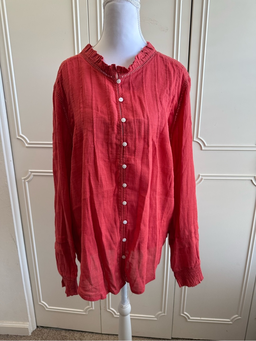 Faherty Willa Blouse Carmine Red Organic Cotton Top Long Sleeve Blouse
